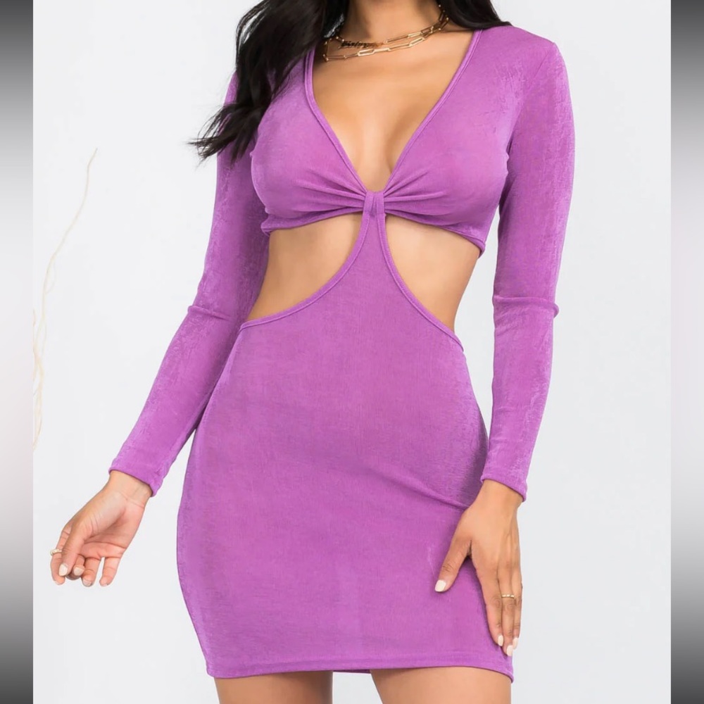Purple waist cut out long sleeve dress with tie in the back